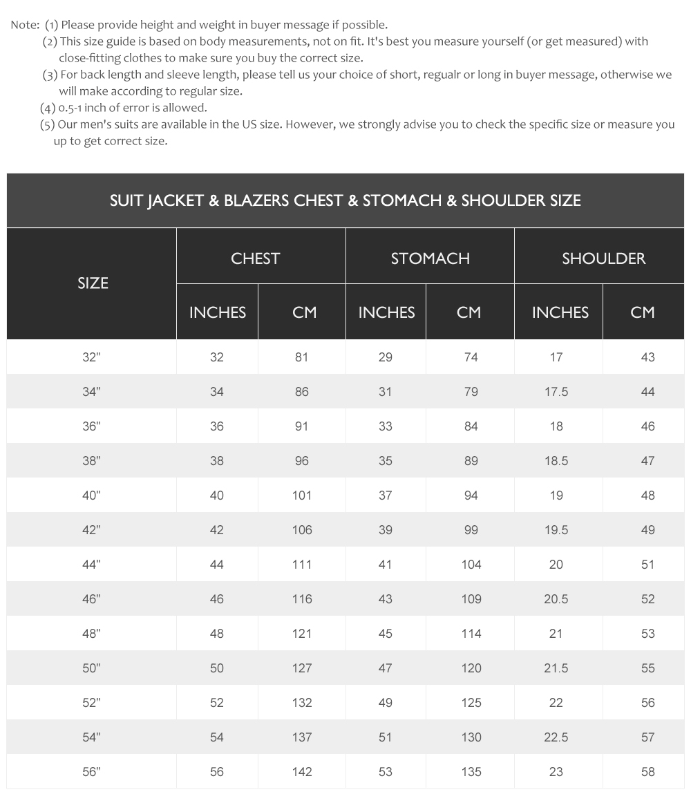 jacket suit sizes